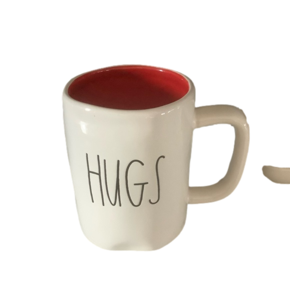 Rae Dunn “Hugs” white ceramic coffee tea mug red interior